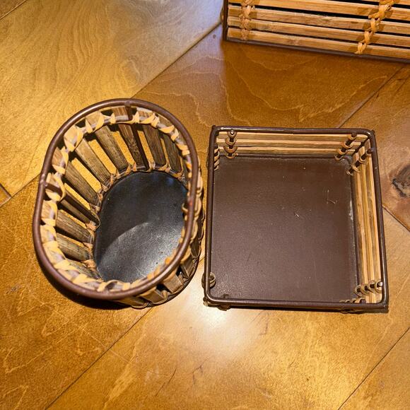 Vintage set of woven bamboo desktop organizers pen cup sticky note mail - Picture 6 of 10